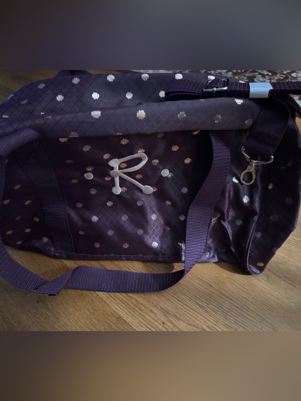 Thirty-One Plum, All Packed Mini Duffle Bag with Pink Dot Accents